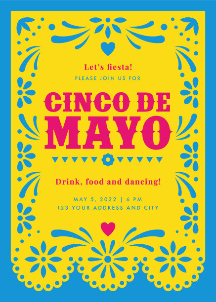 五月五日节派对。带有花卉和装饰元素的派对邀请。图片下载