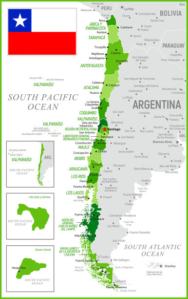 智利绿色地图与国旗，省份和边界图片下载