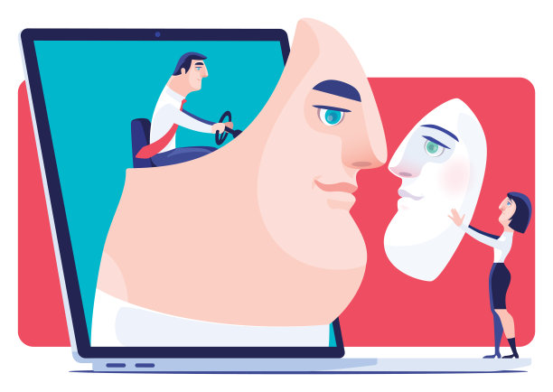 一男一女戴着面具通过笔记本电脑在线约会图片下载