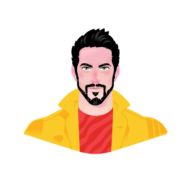 一个年轻时尚男子的插图。向量。卡通美丽的人物为广告和设计。80年代风格鲜明的动漫形象。《阿凡达》。复古电影的英雄。图片下载