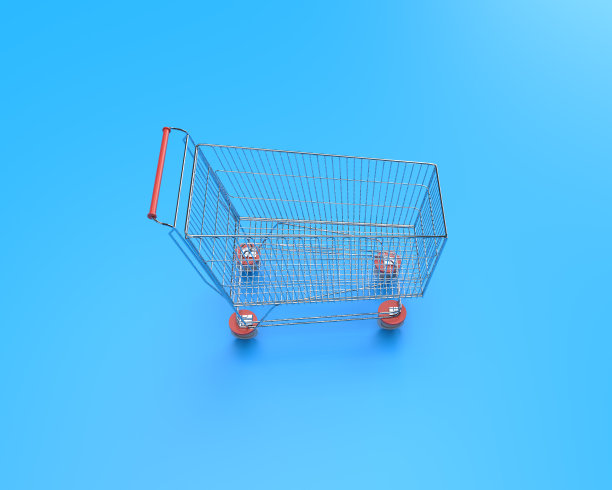 蓝色背景上的空购物车，3d插图图片下载