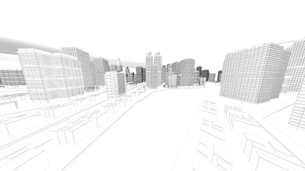 线框城市景观，低多边形城市和建筑，在城市的商业区，一个高大的结构有河流和道路。, 3 d渲染图片下载