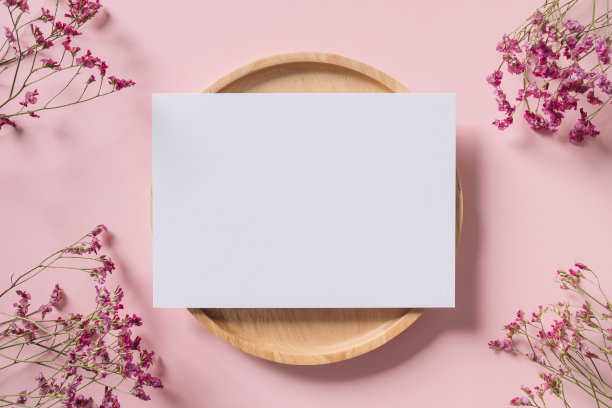 白色空白问候或邀请卡与粉红色干植物装饰粉红色的背景。模拟演示。图片下载