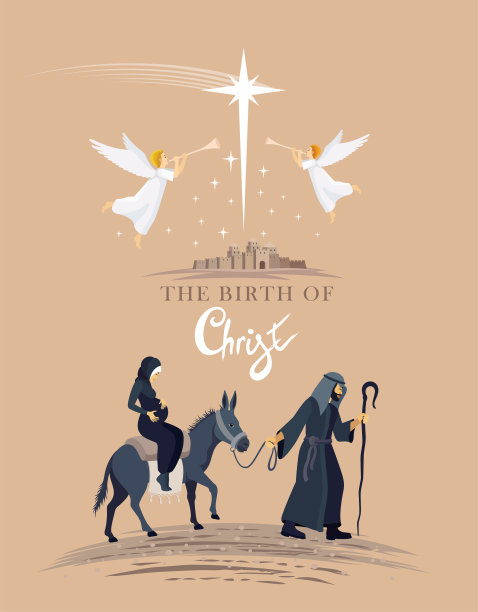 圣诞节的海报。基督诞生的场景。基督的诞生。玛丽和约瑟夫。圣诞星。图片下载