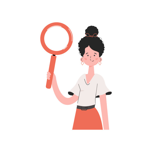 一个女人站在齐腰深的地方，手里拿着一个放大镜。孤立。元素为演示文稿，网站。图片下载