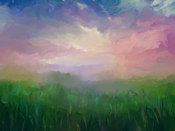 夏天的风景，田野，草地和云彩，油画图片下载