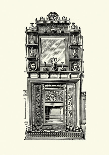 维多利亚木雕壁炉架和壁炉，19世纪，19世纪90年代图片下载