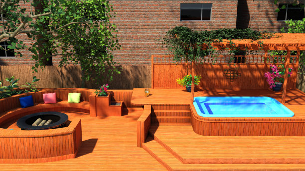 3D渲染按摩浴缸户外场景图片下载