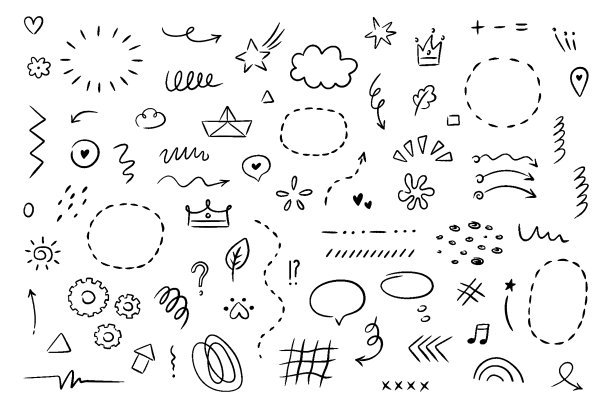 手绘简单元素集。素描下划线，图标，强调，语音气泡，箭头和形状。矢量插图隔离在白色背景上。图片下载