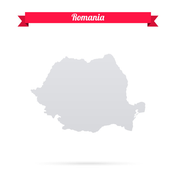 罗马尼亚地图，白色背景，红色横幅图片下载