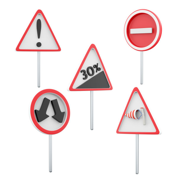 3d渲染陡峭爬坡30%，侧风，其他危险，绕过障碍物在左边或右边，无入口道路标志图标设置。3d渲染路标概念图标集图片下载