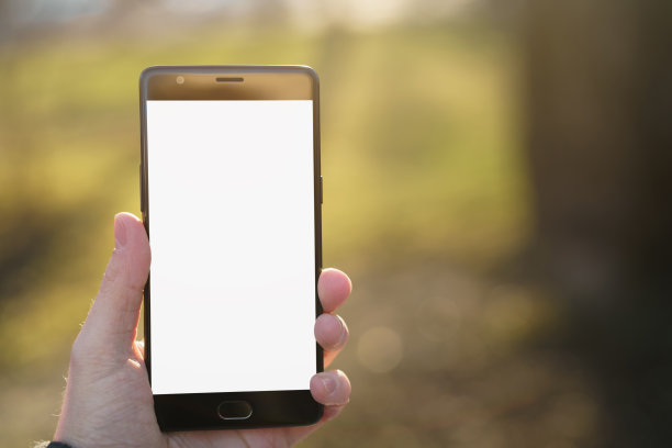 男子手持智能手机与白色屏幕户外与春天模糊的背景图片下载