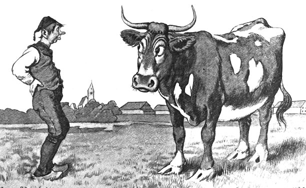 农夫在田野上和他的牛说话，全貌，侧面图片下载