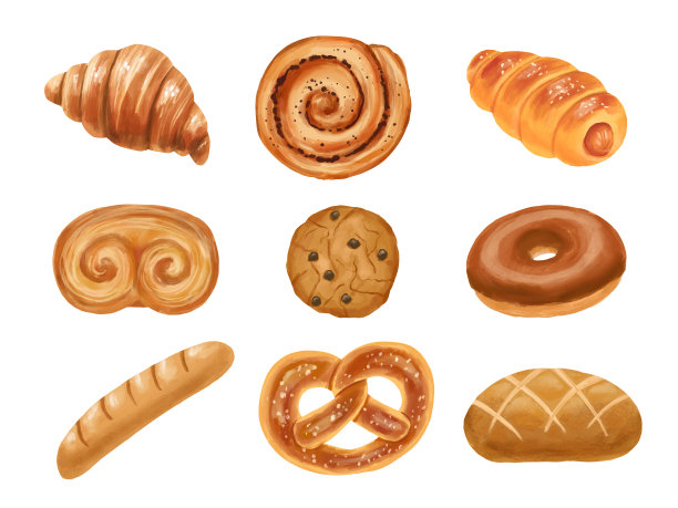 手绘甜甜圈，牛角面包和法棍面包隔离在白色背景。烘焙产品套装图片下载