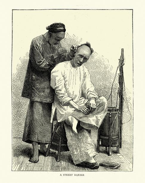 中国街头理发师正在为一名男子清理耳朵上的蜡，中国，19世纪70年代图片下载