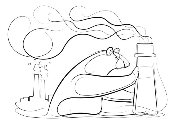 北极熊推着冒烟的烟囱画线条图片下载