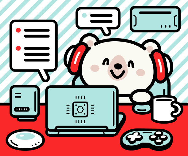 一只可爱的北极熊坐在桌前使用笔记本电脑与AI互动图片下载