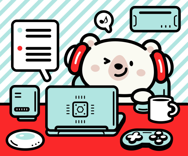 一只可爱的北极熊坐在桌子前，使用笔记本电脑，与人工智能互动，享受科技图片下载