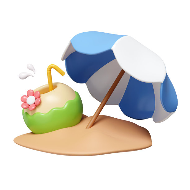 3d椰子和伞形沙滩。暑假和假期的概念。图标孤立在白色背景。3d渲染图。剪切路径。图片下载