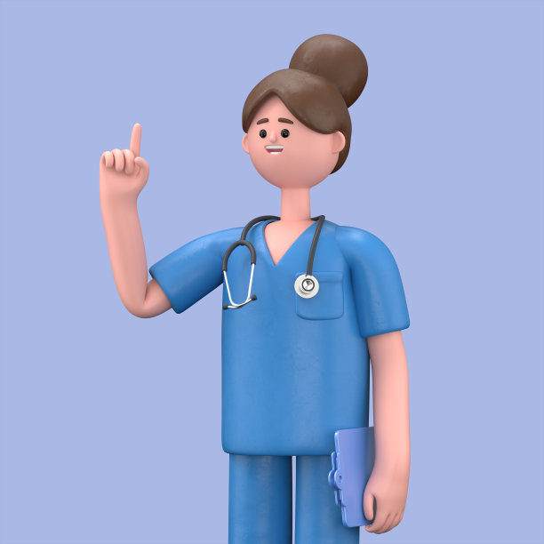 3D插图女医生玛丽与听诊器和剪贴板，看着相机并给出建议。在蓝色背景上隔离的剪贴画。专业咨询与推荐图片下载