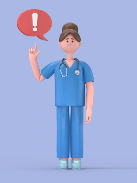 女医生玛丽的3D插图与感叹号在语音气泡。卡通人物解决问题的肖像，感受奇迹。寻找解决方案的概念。图片下载