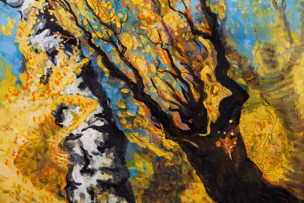 时尚的秋天的插图现代艺术我的油画油画寓言水平的象征画超现实主义的风景秋天舞蹈的树桦树枫树的形式的男人和女人的爱情宣言黄叶在画布上图片下载