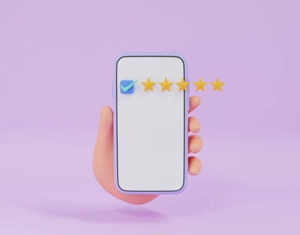 3D手持智能手机与星或满意的标志，在线反馈的概念图片下载