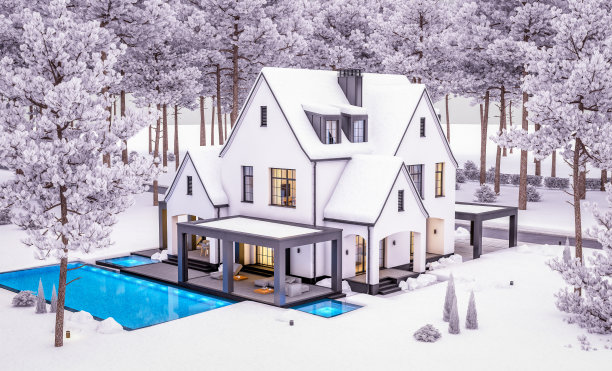 冬季傍晚的黑白现代都铎式房屋3d渲染图图片下载