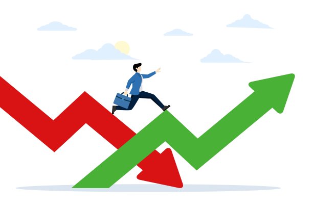 面对股市或熊市的低迷。经济波动。从股市崩盘中恢复过来。适应。商人从红色箭头向上跳。平面矢量插图。图片下载