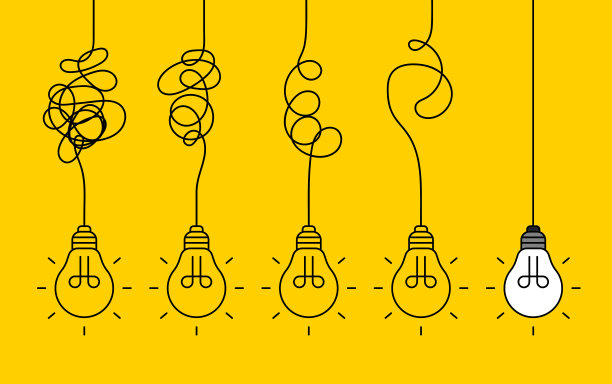 悬挂灯泡，其中一个在黄色背景上发光。观念的概念图片下载
