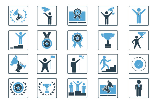 成功集图标。包含冠军图标，获胜者，胜利，成功，持有奖杯，花圈，庆祝活动，和更多。固体图标风格的设计。简单的矢量设计可编辑图片下载