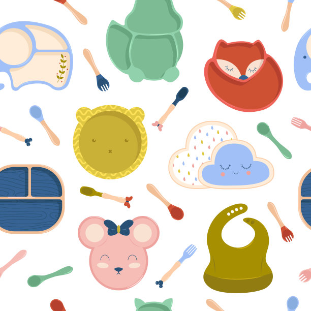 儿童盘子，叉子和勺子硅胶婴儿餐具。矢量图案在斯堪的纳维亚风格。极简主义。图片下载