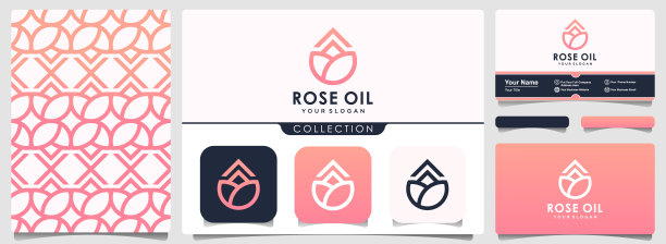 油玫瑰标志与一套图案和名片模板。图片下载