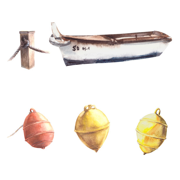 水彩画集船，系柱，桶。手绘孤立的白色背景图片下载