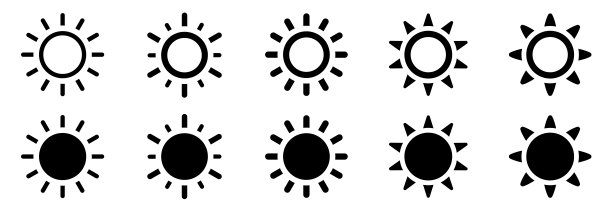 太阳图标设置。太阳简单的黑色符号集合。阳光，阳光波，太阳辉光，太阳爆发和太阳射线-股票矢量。图片下载