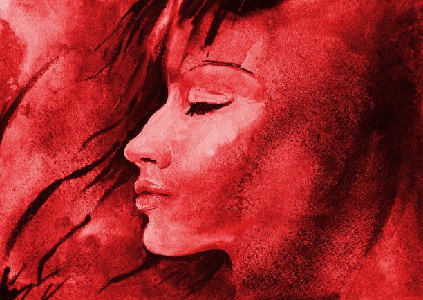 插图水彩肖像的年轻女子在侧面与长头发在风中在红色调图片下载