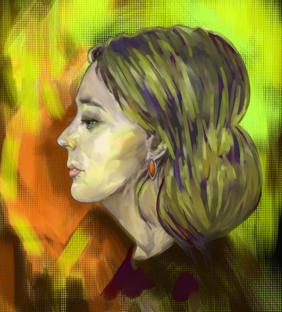 插图油画肖像的一个女人长头发耳环与红色红宝石在耳朵上的背景在黄色和红色的阴影图片下载