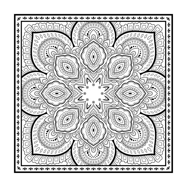 印花织物上的花卉和佩斯利花纹装饰图案。头巾、丝巾、桌布或手帕上的装饰品。部落或东方风格的方形素描。图片下载