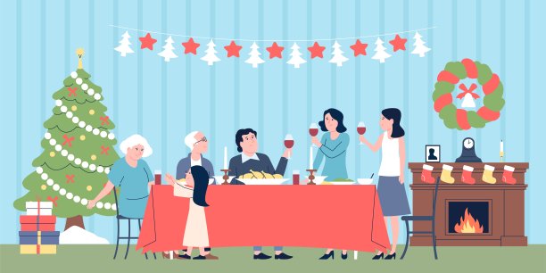 圣诞节家庭聚餐在家里，父母和孩子一起吃饭。祖父母与孩子，节日的圣诞假期传统表，最近矢量场景图片下载