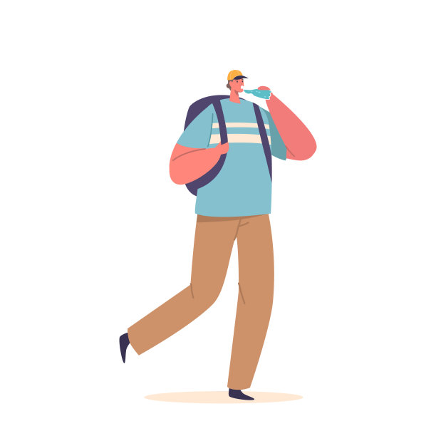 口渴的男人带着背包走路，并补充了新鲜的水，补充了他的身体液体水平图片下载