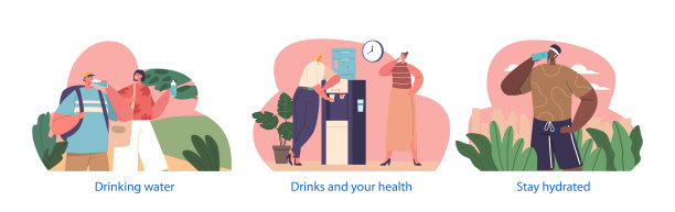 具有字符的孤立元素消耗水来维持水合作用和支持身体功能矢量插图图片下载