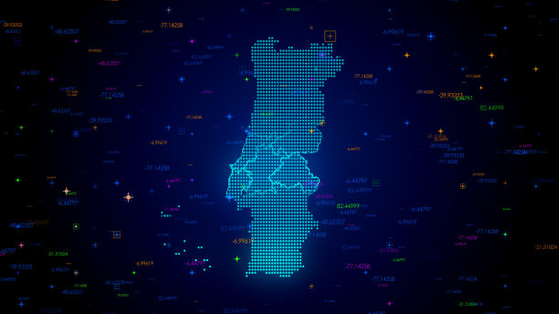 未来的蓝色彩色闪亮的数字技术Hud点马赛克网格葡萄牙地图光扫描与数字技术粒子图片下载