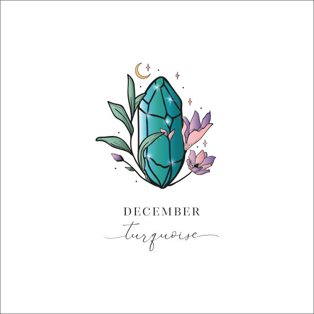 彩色花手绘诞生石宝石插图。治疗晶体。12月绿松石。图片下载
