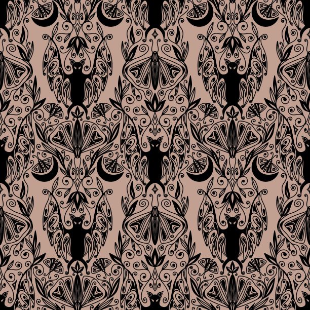 在米色背景上的哥特式风格的蝙蝠和飞蛾无缝图案图片下载