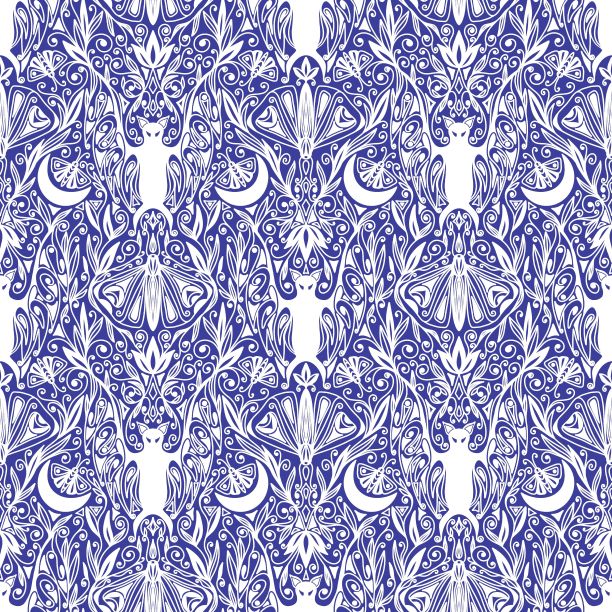 白色蝙蝠和飞蛾在蓝色背景上哥特式风格的无缝图案图片下载