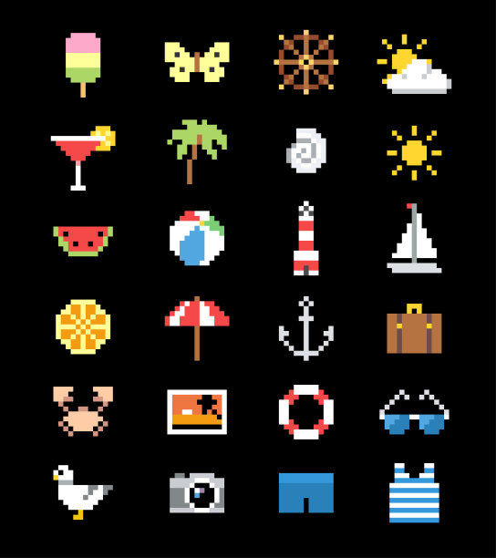 暑假和海边活动像素图标集图片下载