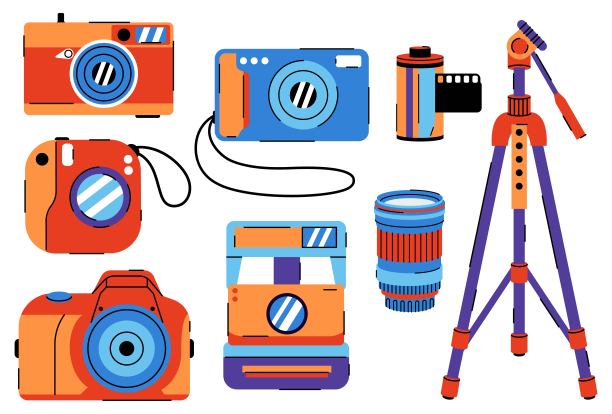不同的相机和摄影设备被隔离在白色背景上。图片下载