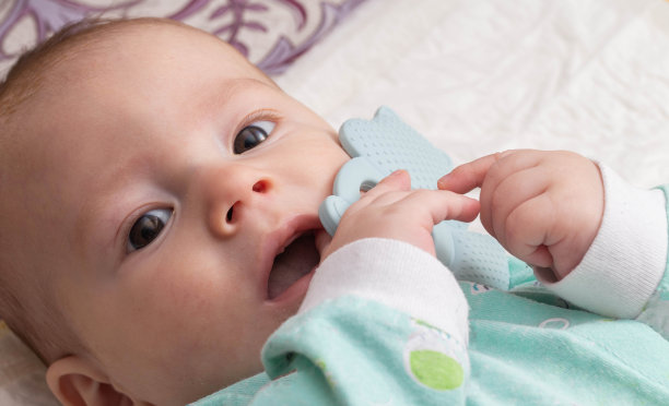 一个白人小男孩在他的第一颗牙齿长出来的时候玩着一颗乳牙。刚长牙时牙龈又痒又痛。特写镜头图片下载