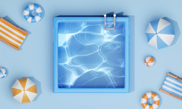 游泳池有沙滩椅，游泳圈，球和伞。暑假气氛。有创意的旅游理念和文案空间。三维渲染图图片下载