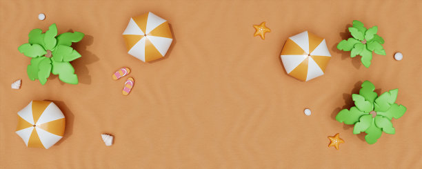 3d渲染俯视图。夏日沙滩景色和棕榈叶，遮阳伞。夏季季节背景。图片下载